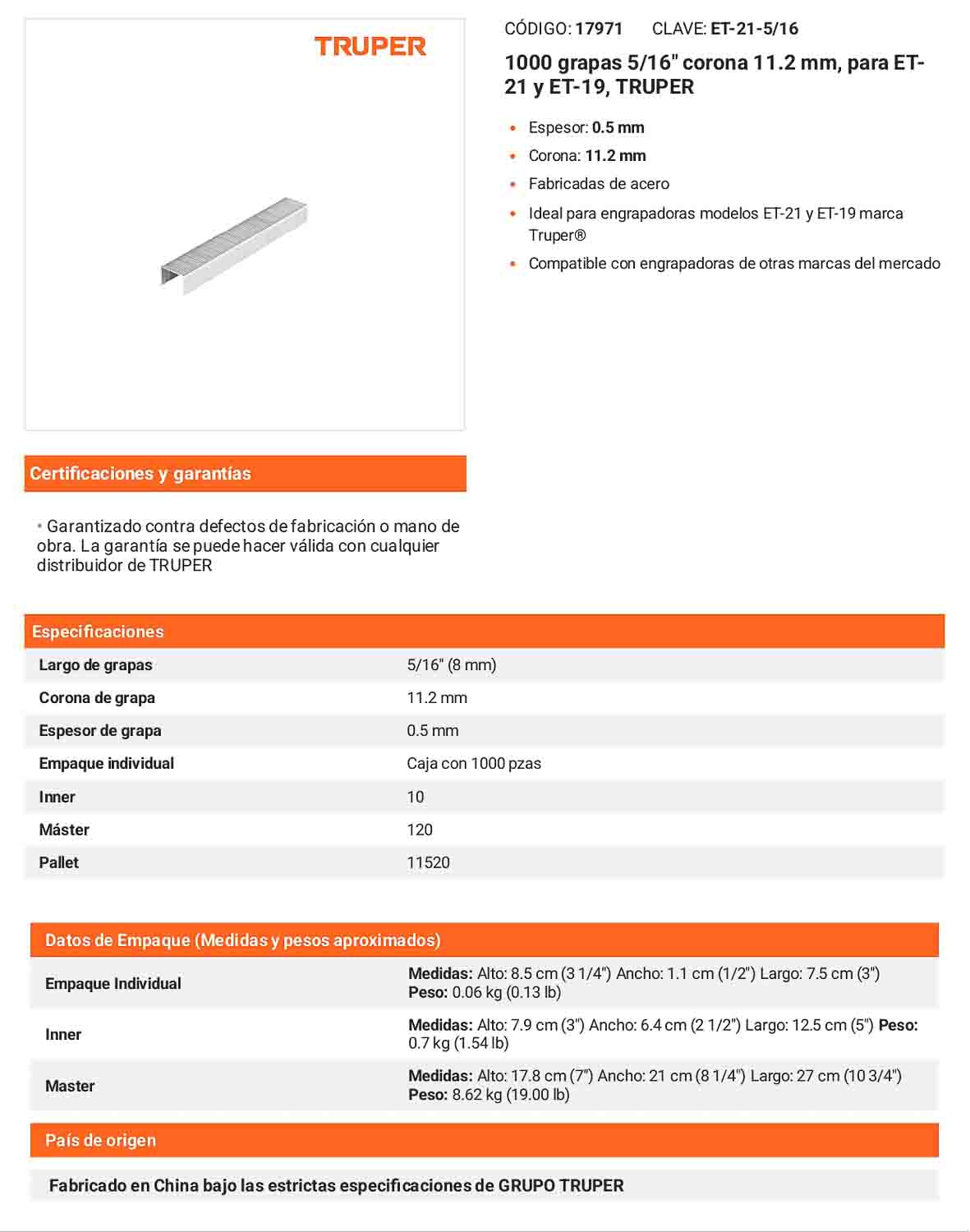 1000 grapas 5/16 pulg corona 11.2 mm