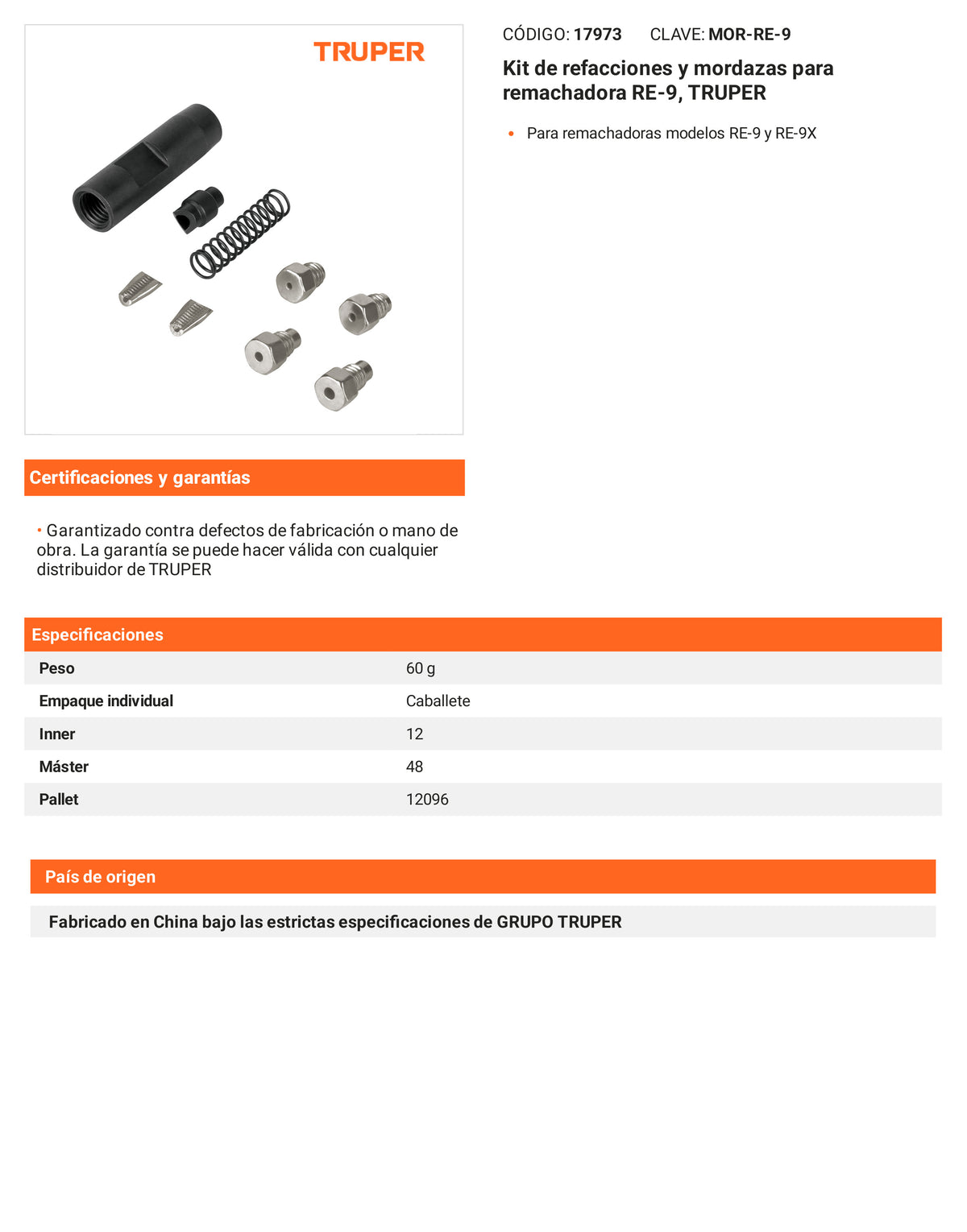 Ficha tecnica - Kit de refacciones y mordazas RE-9 - SKU 17973