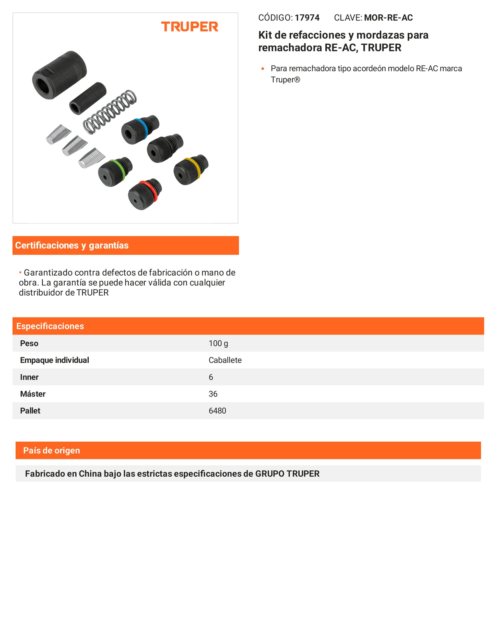Ficha tecnica - Kit de refacciones y mordazas RE-AC - SKU 17974