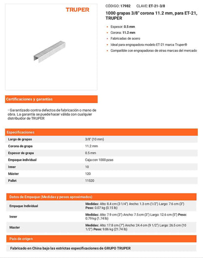 1000 grapas 3/8 pulg corona 11.2 mm