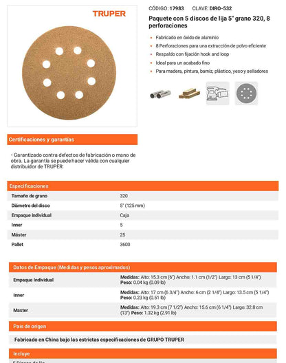 Discos de lija 5 pulg grano 320