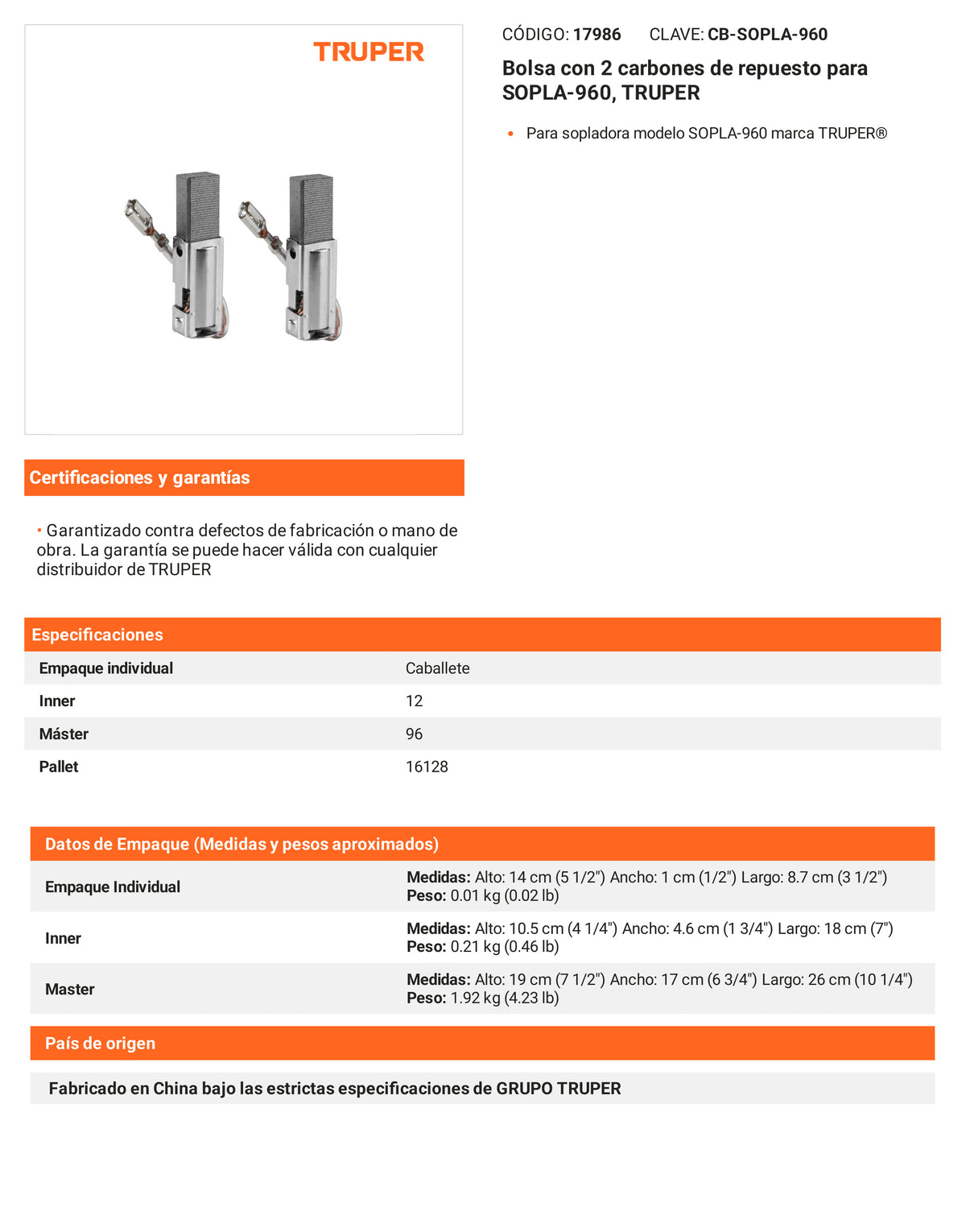 Ficha tecnica - 2 carbones para SOPLA-960 - SKU 17986