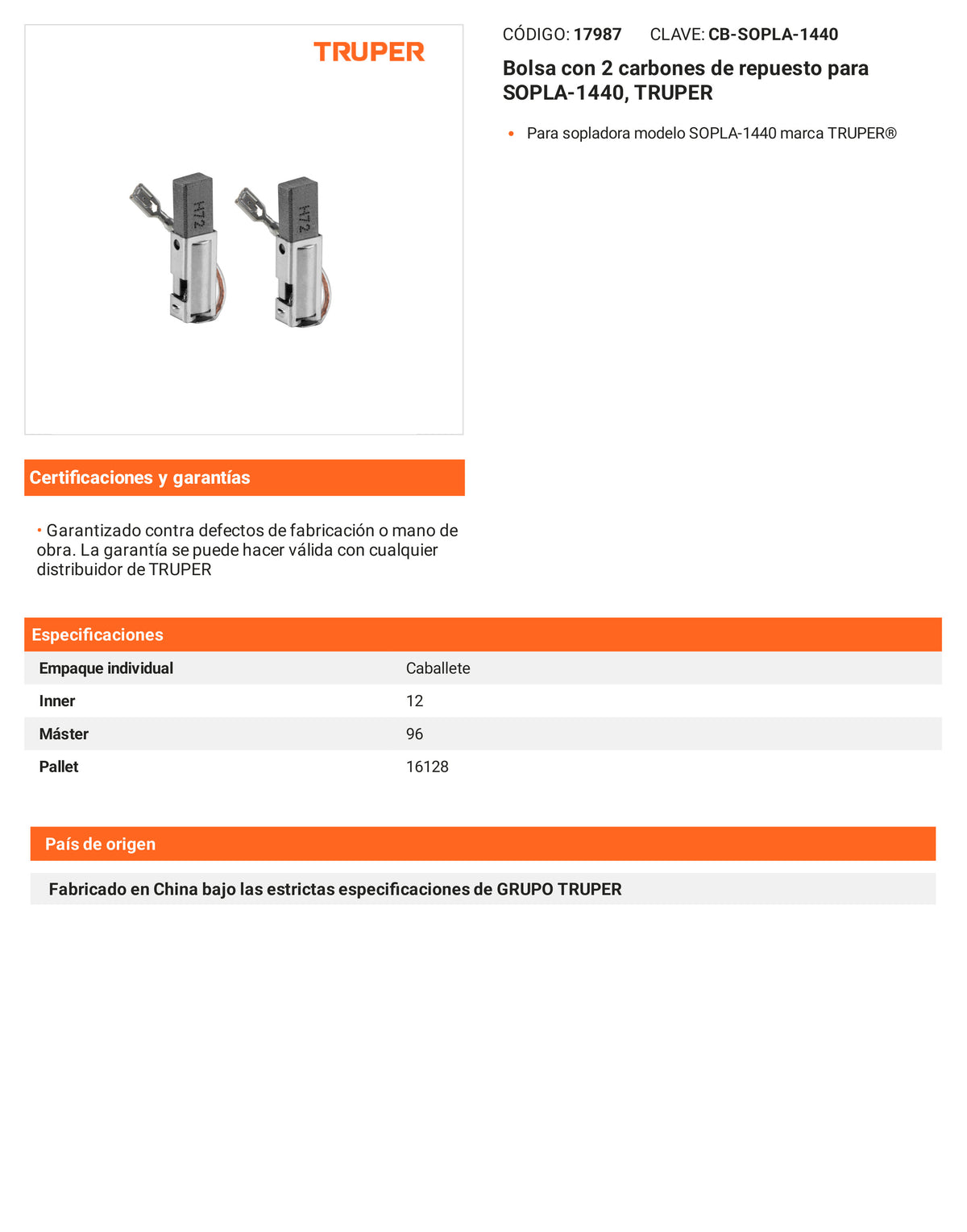Ficha tecnica - 2 carbones para SOPLA-1440 - SKU 17987