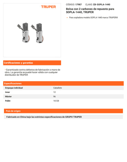 Ficha tecnica - 2 carbones para SOPLA-1440 - SKU 17987