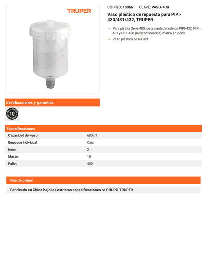 Ficha tecnica - Vaso plastico para PIPI-430/431/432 - SKU 18066