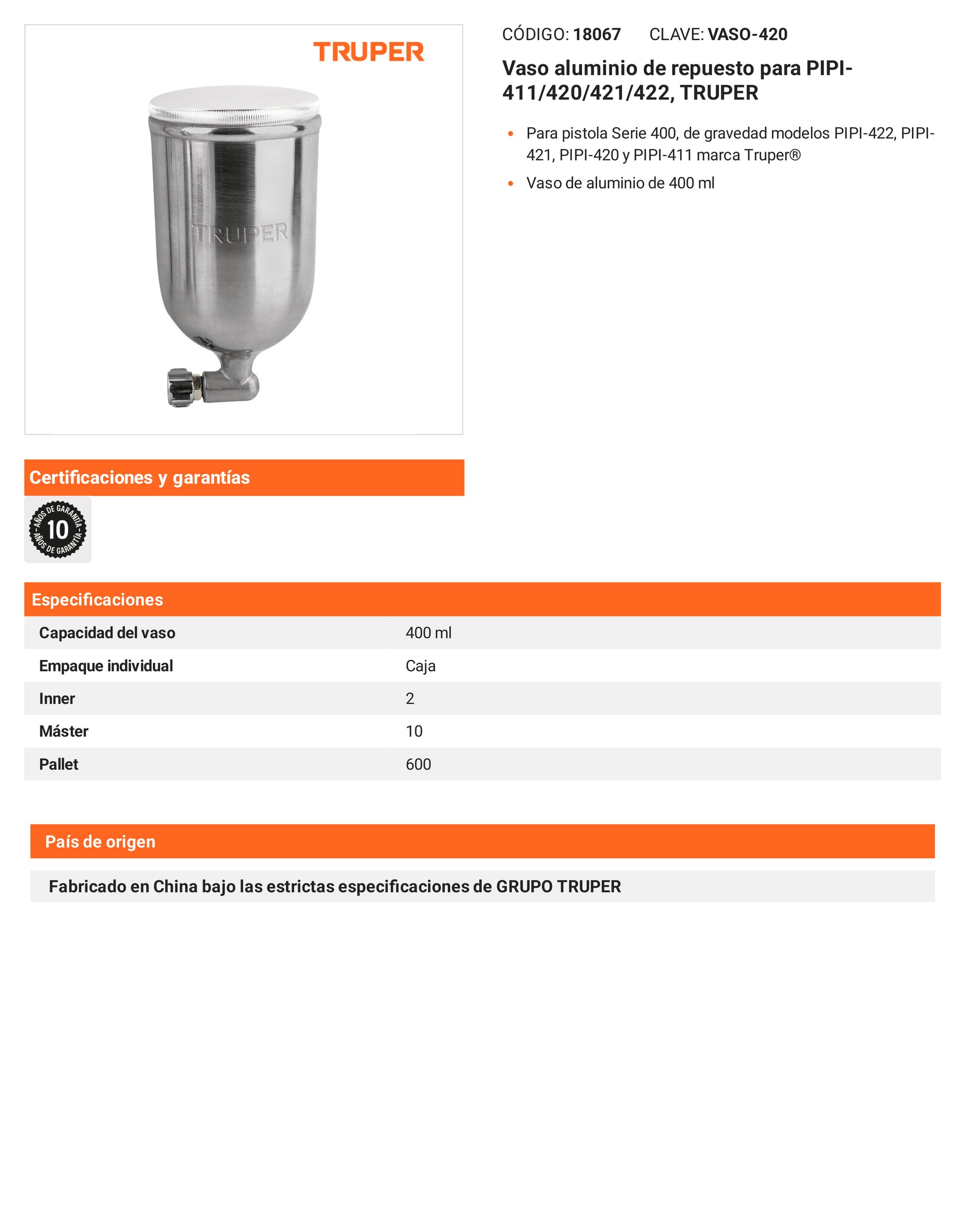 Ficha tecnica - Vaso aluminio para PIPI-411/420/421/422 - SKU 18067
