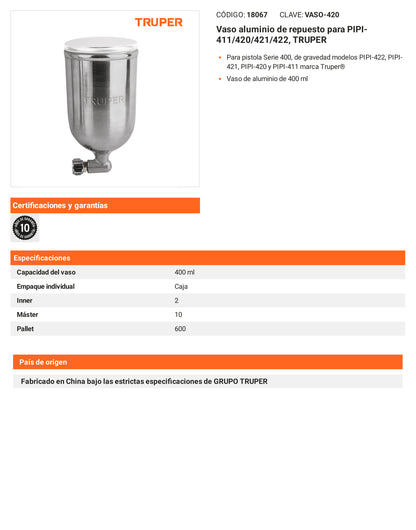 Ficha tecnica - Vaso aluminio para PIPI-411/420/421/422 - SKU 18067