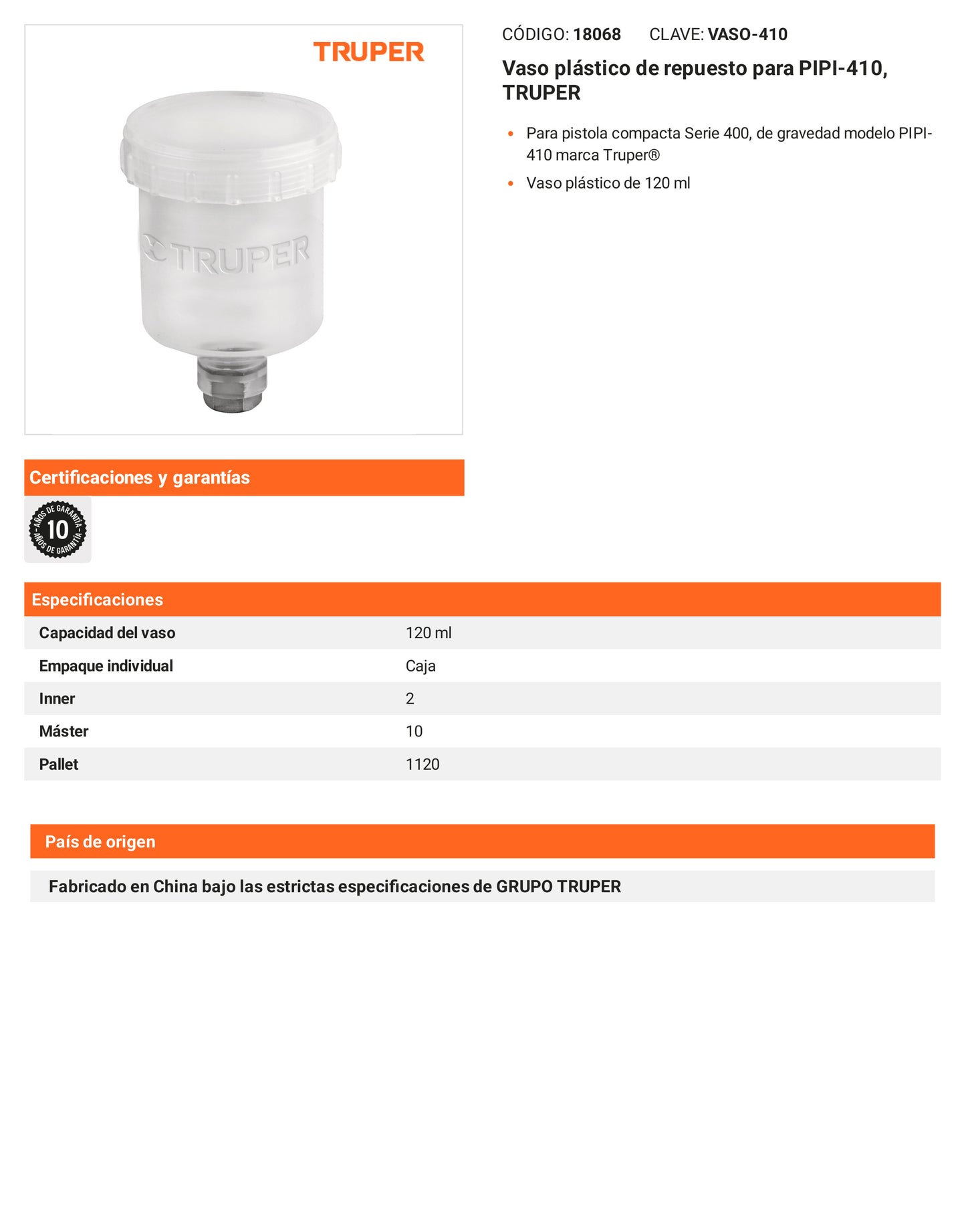 Ficha tecnica - Vaso plastico para PIPI-410 - SKU 18068