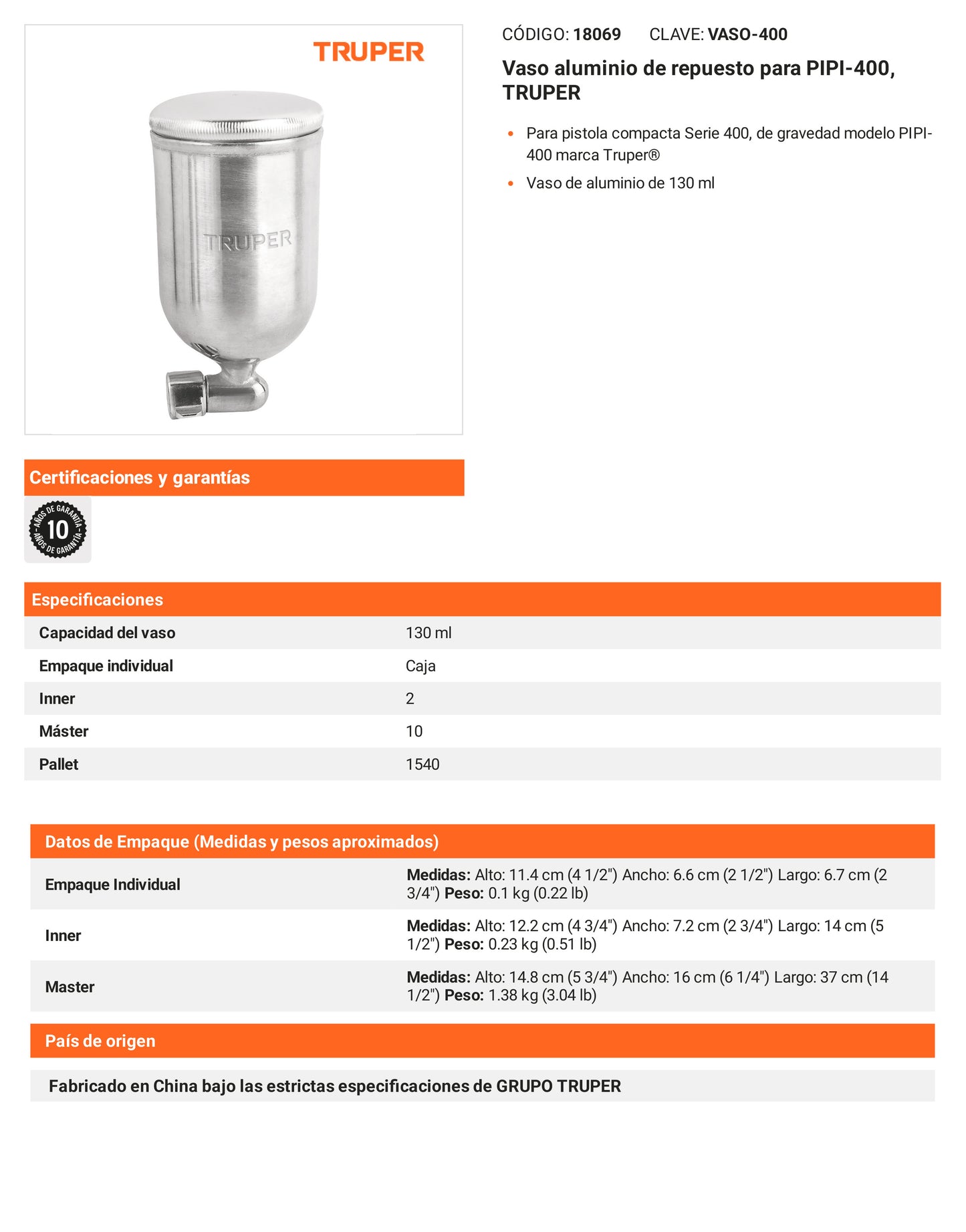 Ficha tecnica - Vaso aluminio para PIPI-400 - SKU 18069