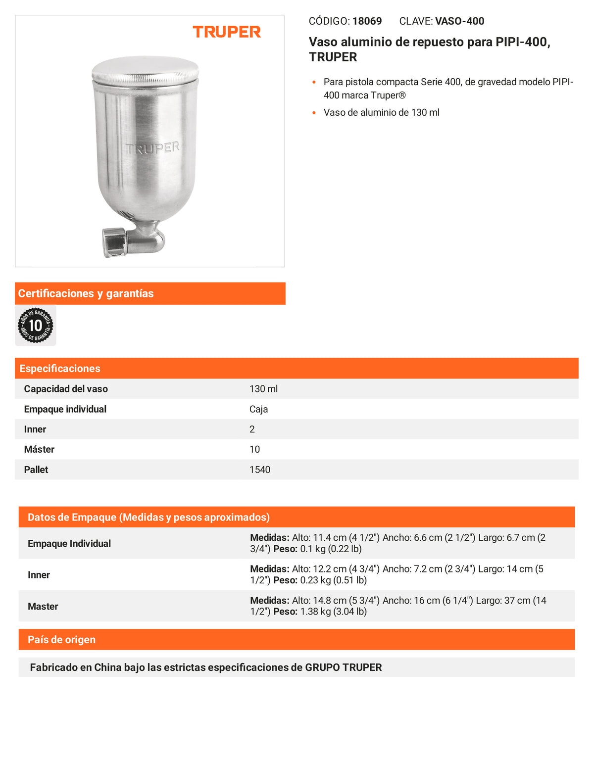 Ficha tecnica - Vaso aluminio para PIPI-400 - SKU 18069