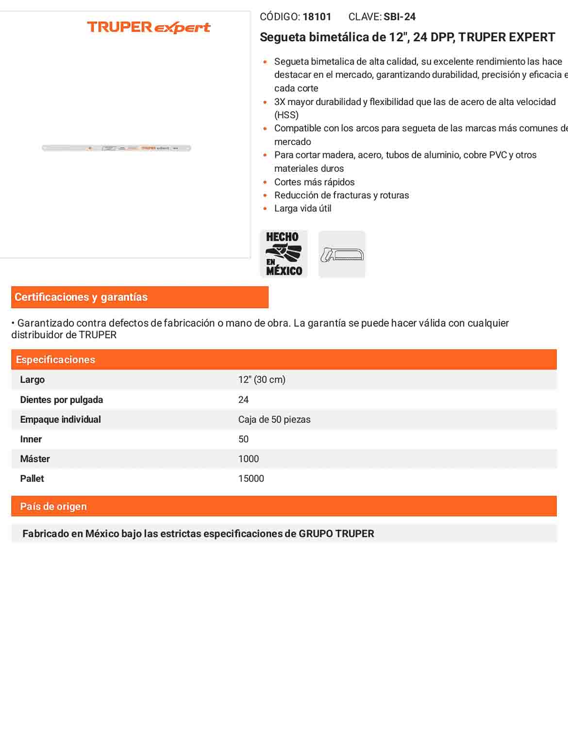 Hoja de Segueta Bimetálica 24 DPP  12"