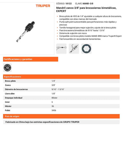 Mandril zanco 3/8 pulg. para brocasierras