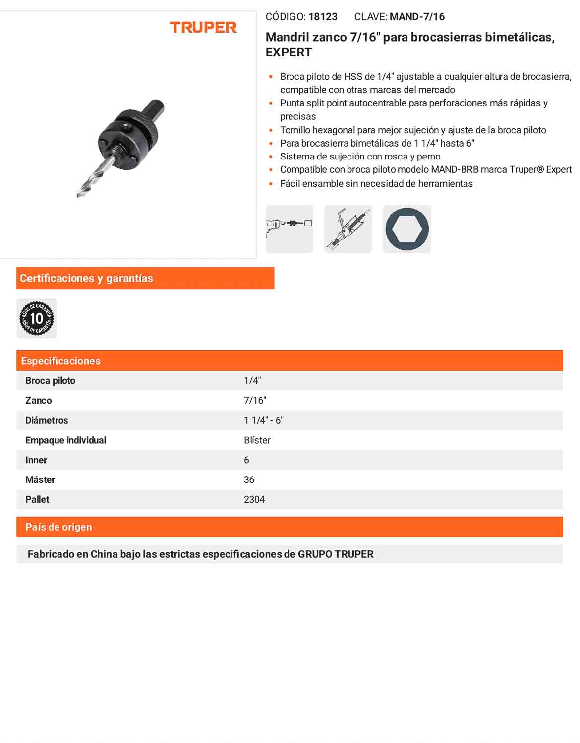 Mandril zanco 7/16 pulg. para brocasierras