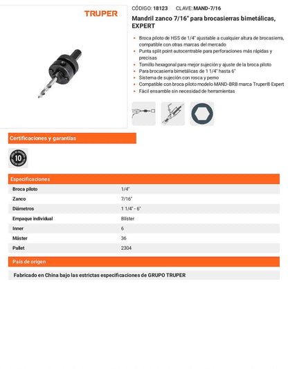 Mandril zanco 7/16 pulg. para brocasierras