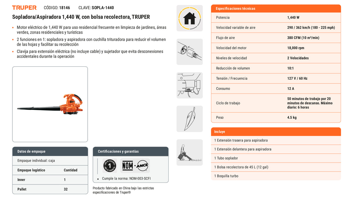 Ficha tecnica - Sopladora/Aspiradora 1 440 W con bolsa recolectora - SKU 18146