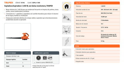 Ficha tecnica - Sopladora/Aspiradora 1 440 W con bolsa recolectora - SKU 18146