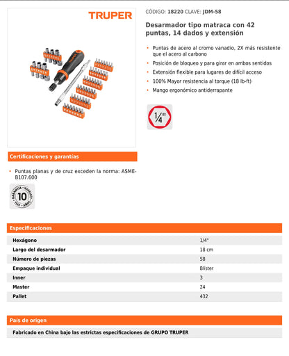 Desarmador Tipo Matraca con 42 Puntas y 14 Dados, Truper