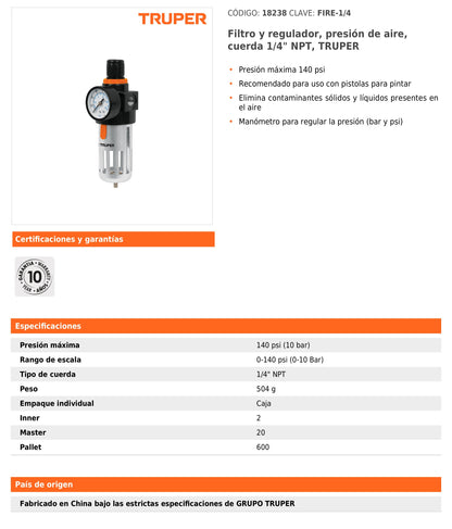 Filtro y Regulador de Presión de Aire Cuerda 1/4 NPT