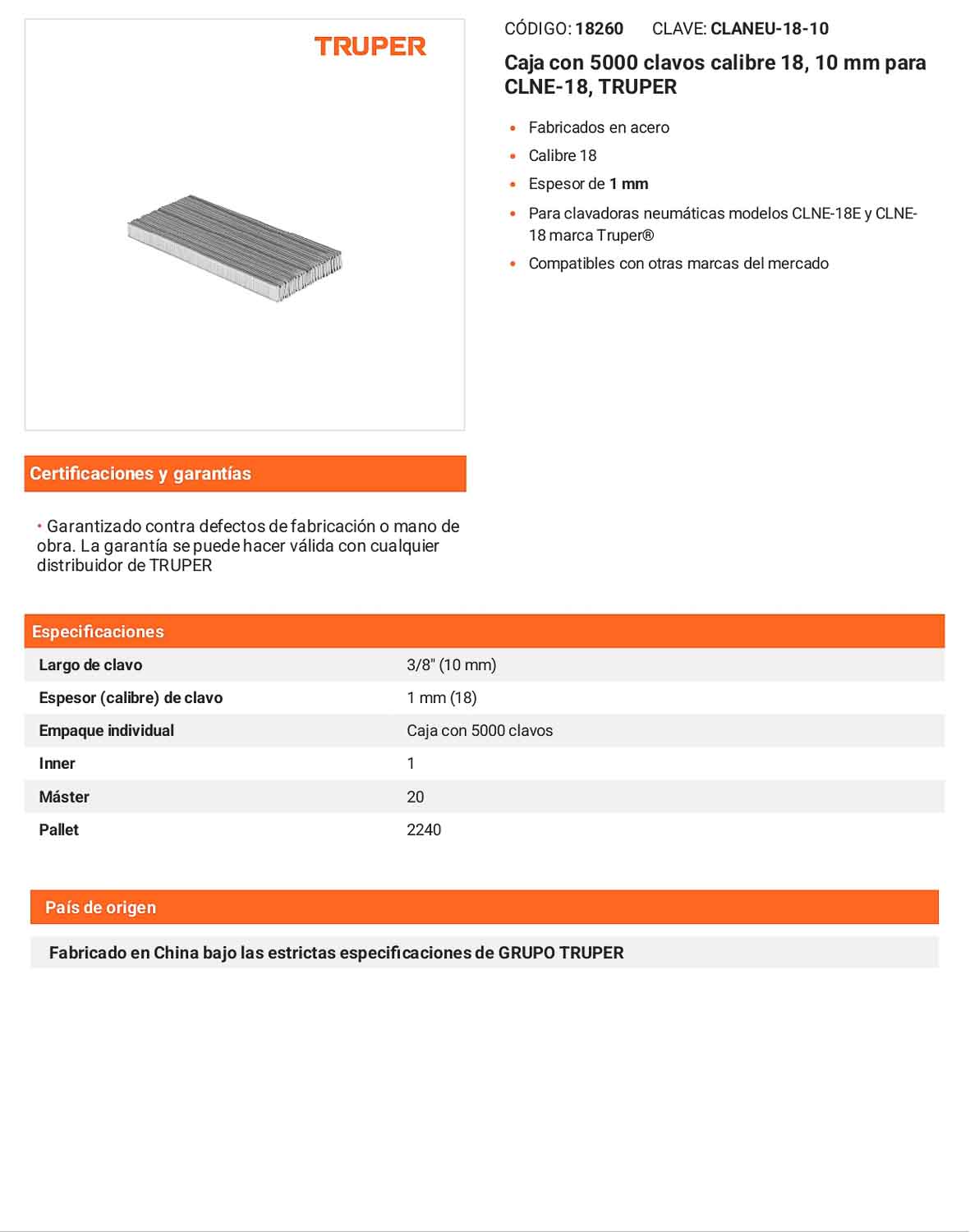 Caja 5000 clavos calibre 18 10 mm