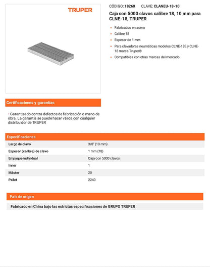 Caja 5000 clavos calibre 18 10 mm