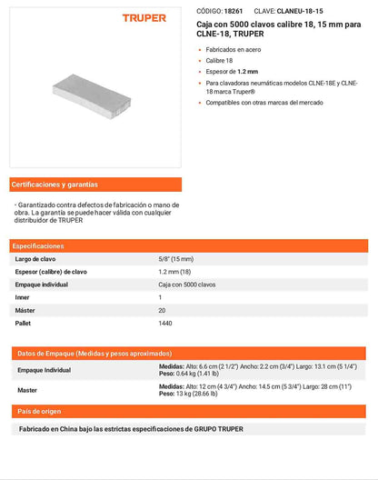 Caja 5000 clavos calibre 18 15 mm