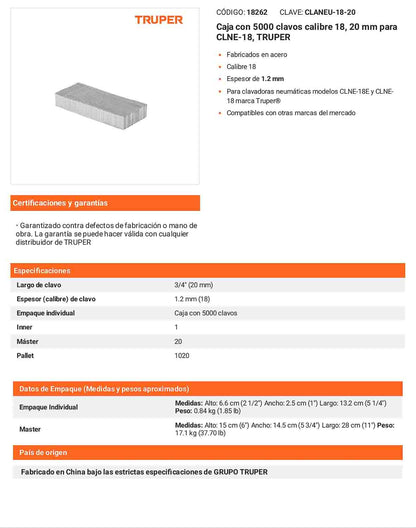 Caja 5000 clavos calibre 18 20 mm