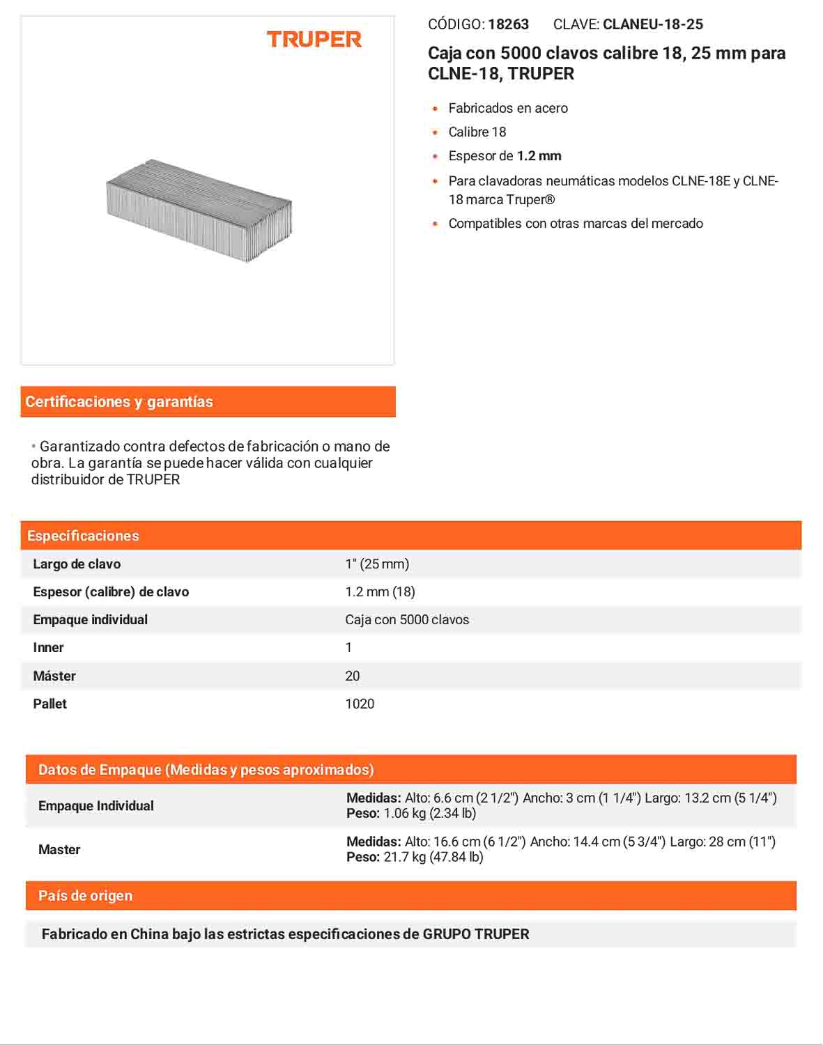 Caja 5000 clavos calibre 18 25 mm