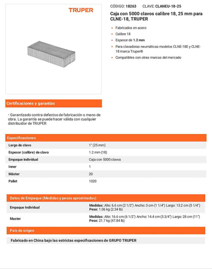 Caja 5000 clavos calibre 18 25 mm