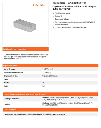 Caja 5000 clavos calibre 18 35 mm