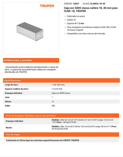 Caja 5000 clavos calibre 18 40 mm