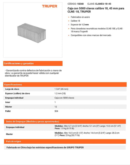 Caja 5000 clavos calibre 18 45 mm