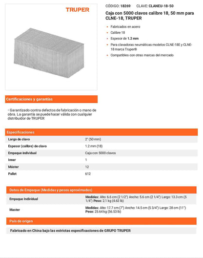 Caja 5000 clavos calibre 18 50 mm