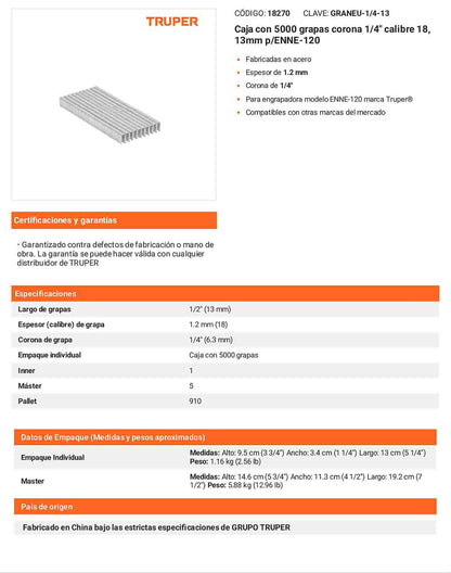 Caja 5000 grapas 1/4 pulg 13 mm