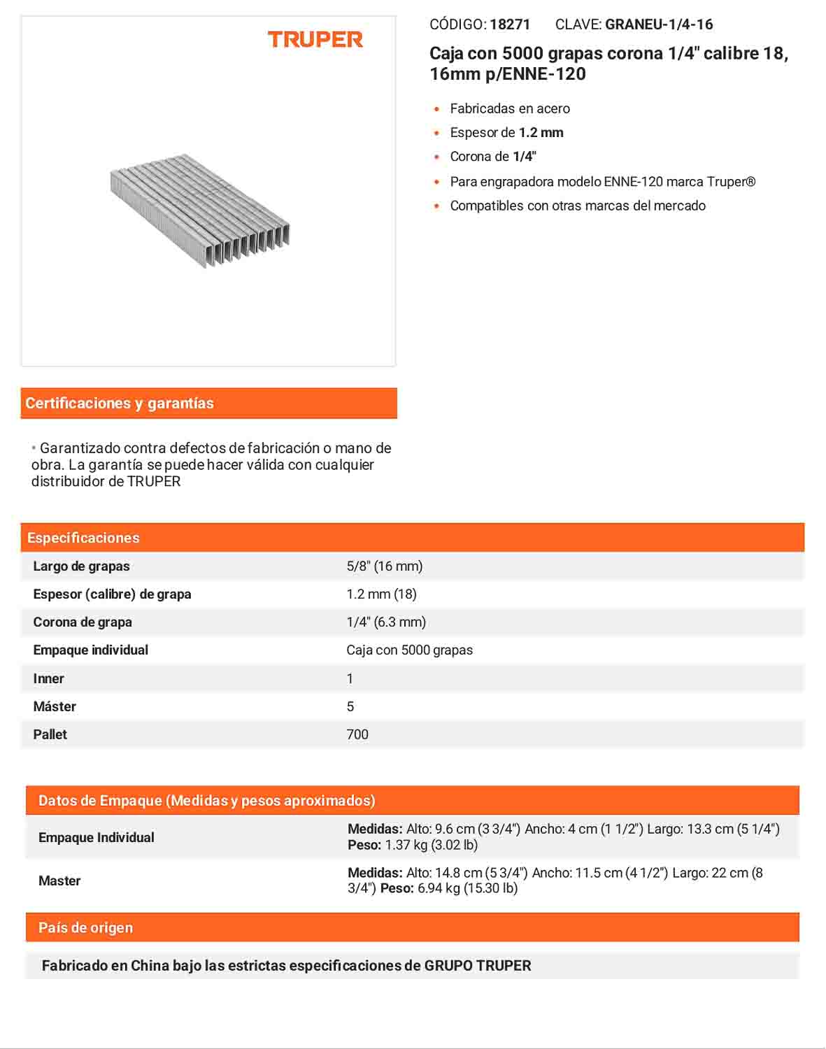 Caja 5000 grapas 1/4 pulg 16 mm