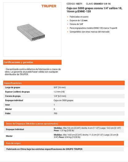 Caja 5000 grapas 1/4 pulg 16 mm