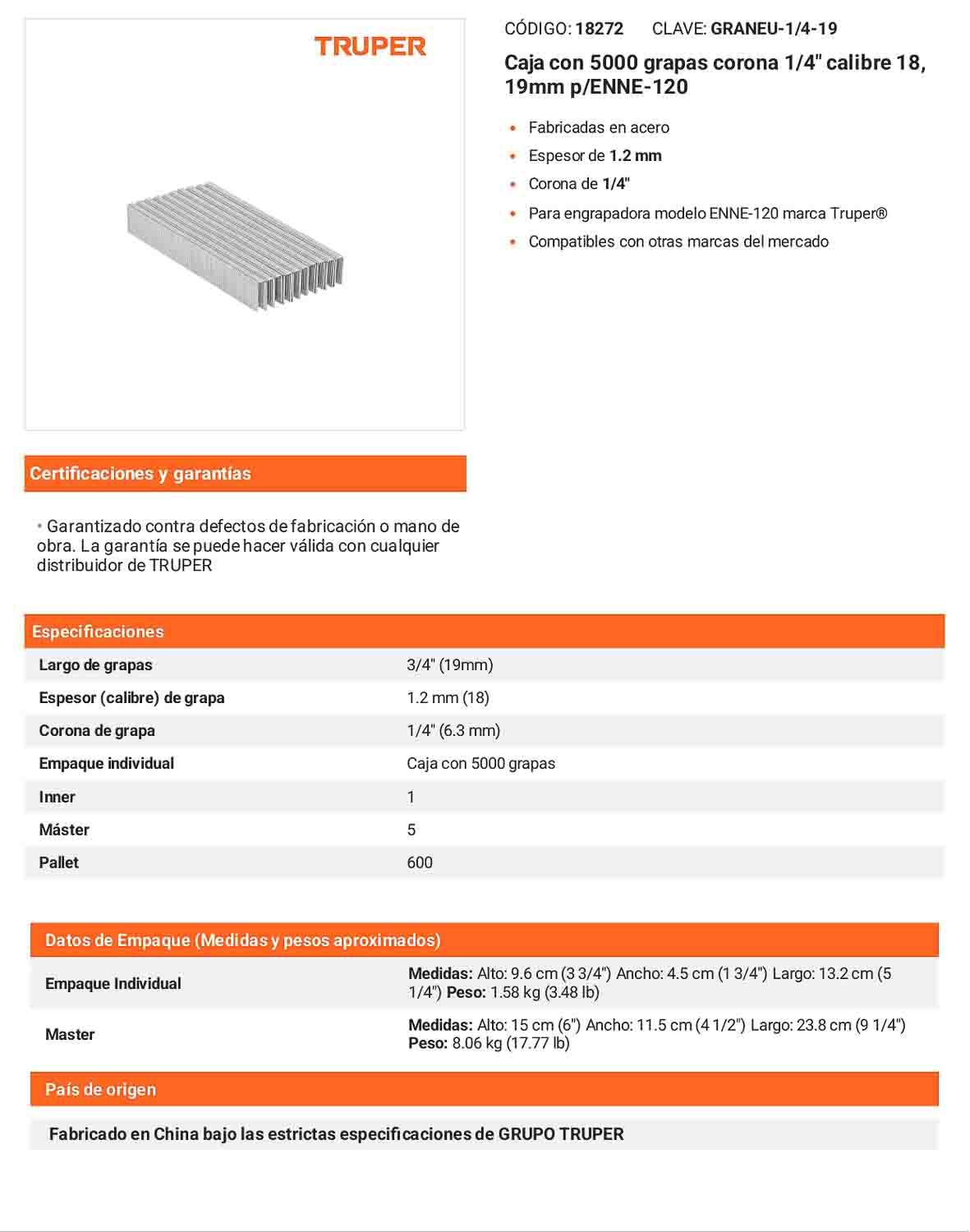 Caja 5000 grapas 1/4 pulg 19 mm