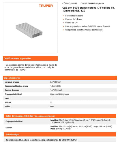 Caja 5000 grapas 1/4 pulg 19 mm