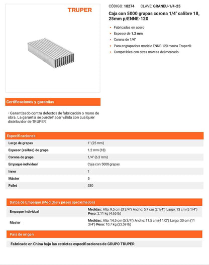 Caja 5000 grapas 1/4 pulg 25 mm