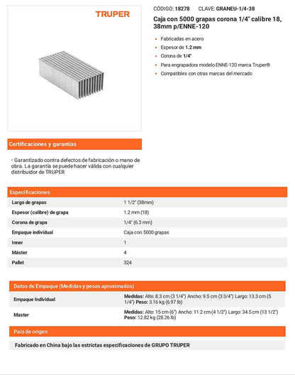Caja 5000 grapas 1/4 pulg 38 mm