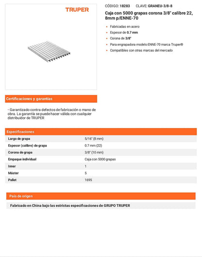 Caja 5000 grapas 3/8 pulg 8 mm