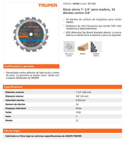 Disco sierras diámetro 7 1/4", centro de 5/8" para madera