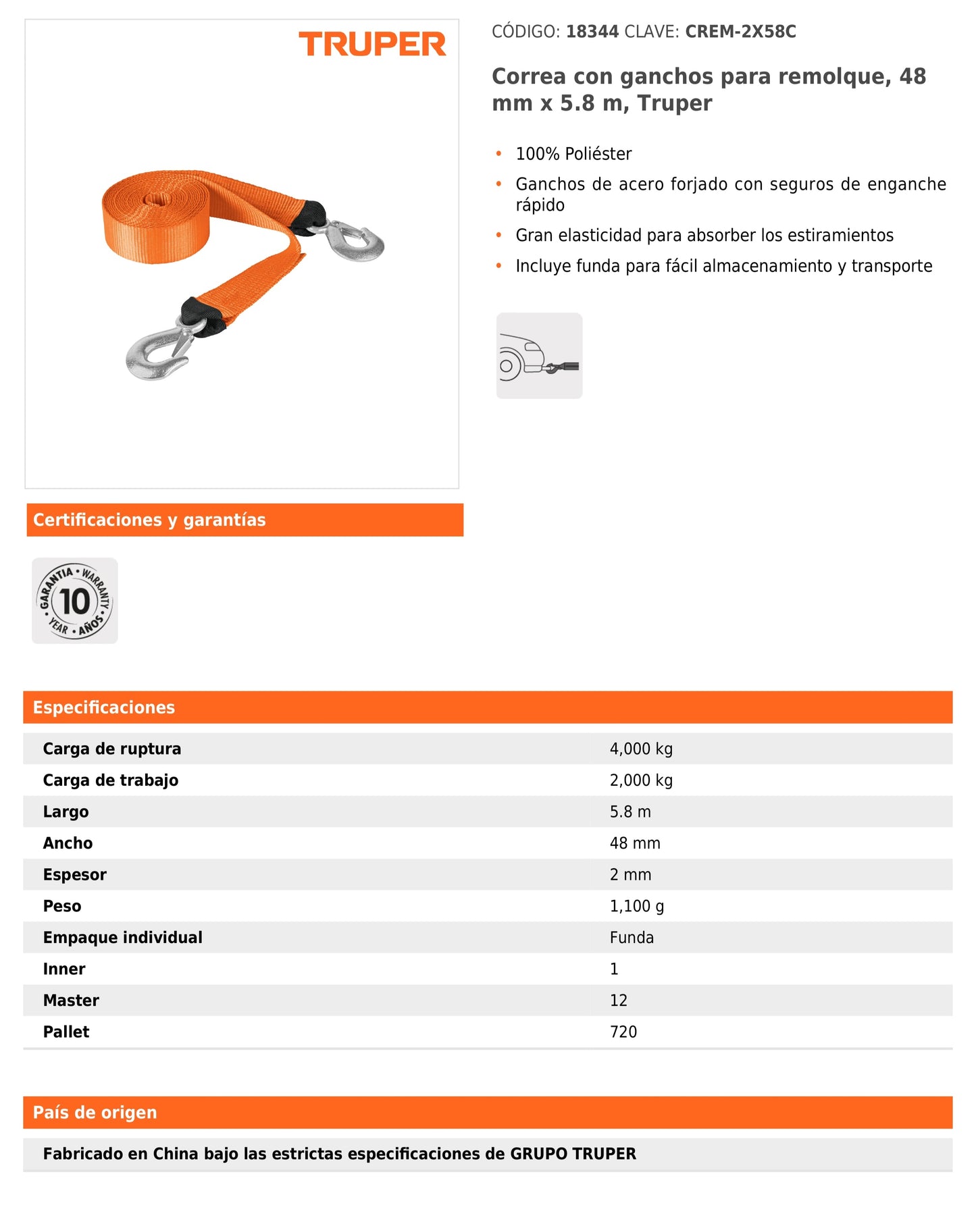 Correa para remolque con ganchos 2" x 5.8 m