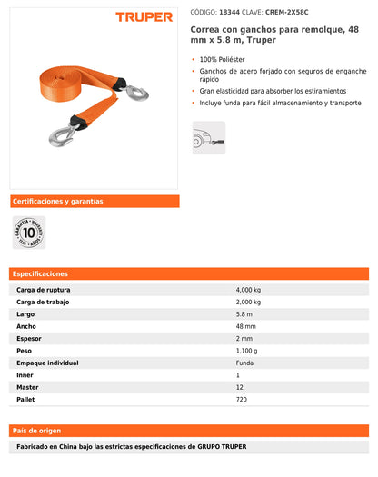 Correa para remolque con ganchos 2" x 5.8 m