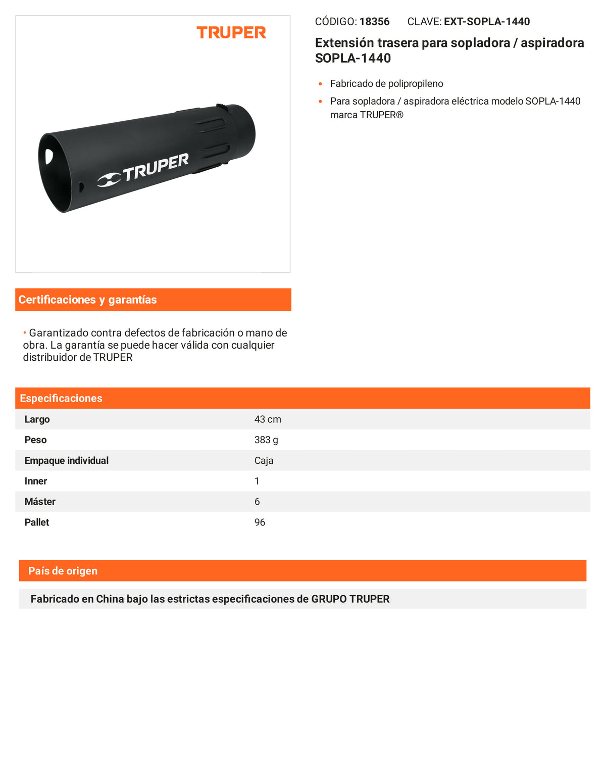 Ficha tecnica - Extension trasera para sopladora/aspiradora SOPLA-1440 - SKU 18356