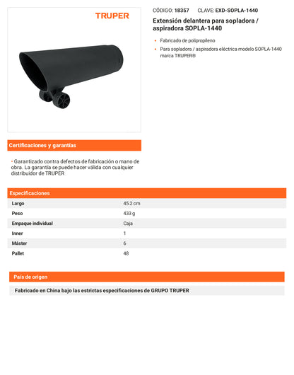 Ficha tecnica - Extension delantera para sopladora/aspiradora SOPLA-1440 - SKU 18357