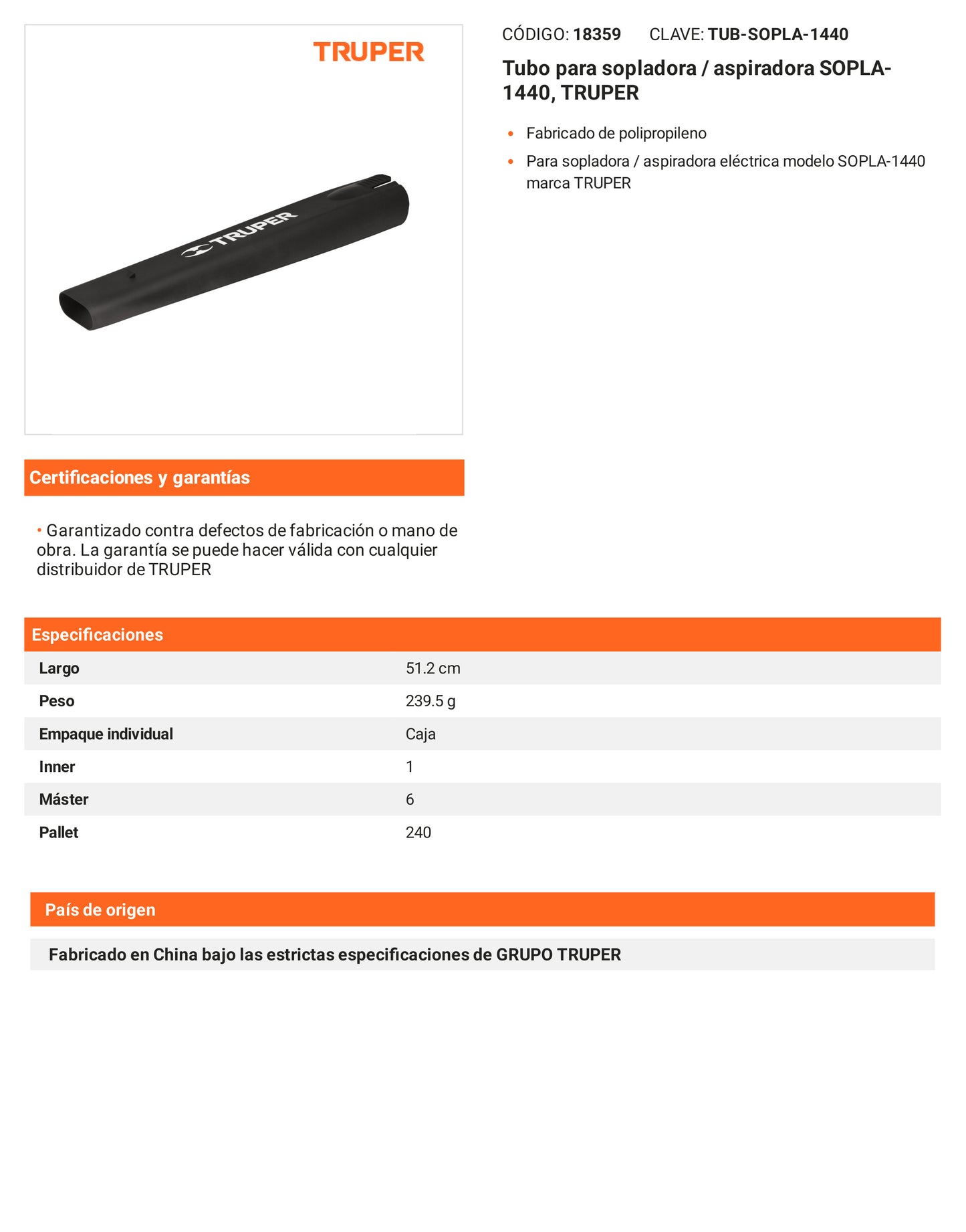 Ficha tecnica - Tubo para sopladora/aspiradora SOPLA-1440 - SKU 18359