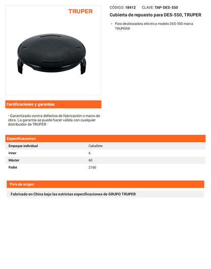 Ficha tecnica - Cubierta para DES-550 - SKU 18412