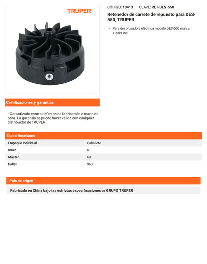 Ficha tecnica - Retenedor de carrete para DES-550 - SKU 18413
