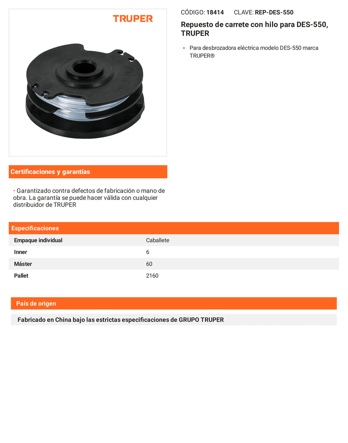 Ficha tecnica - Repuesto de carrete con hilo para DES-550 - SKU 18414