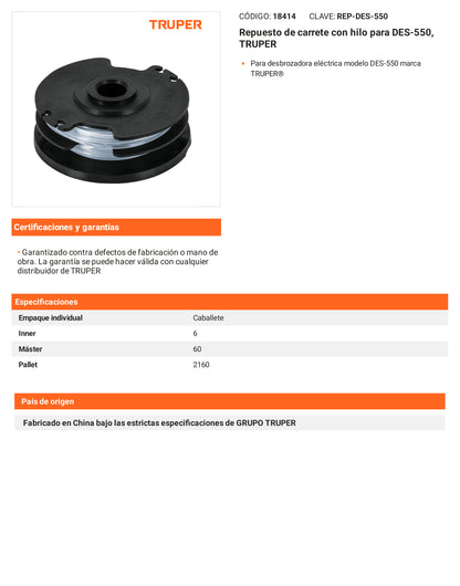 Ficha tecnica - Repuesto de carrete con hilo para DES-550 - SKU 18414